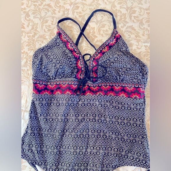 Kona Sol Swimsuit Gray Red Floral Padded Open Back Sz Large Gorgeous - Picture 3 of 4